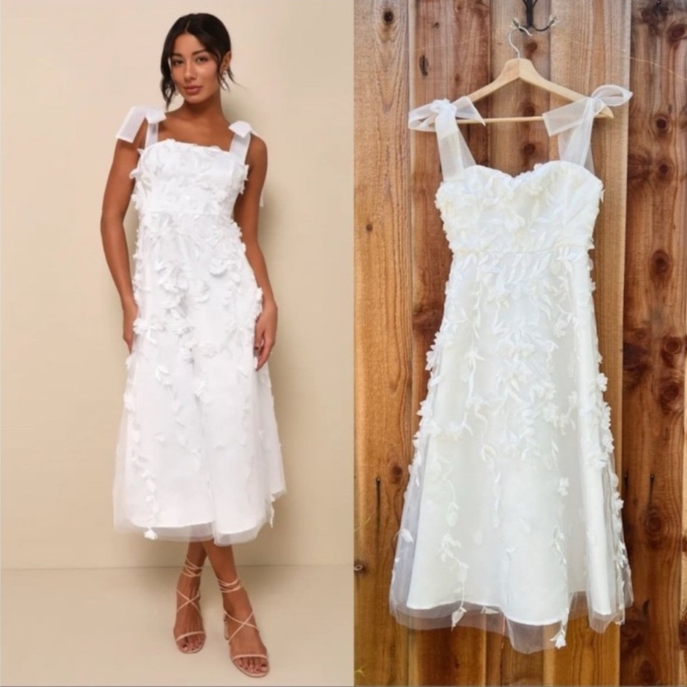 White Tulle 3D Floral Tie-Strap Bow Midi Dress 🌿